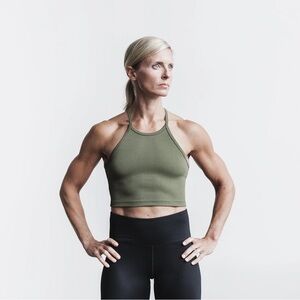 Women’s Nobull Ribbed Halter Crop Tank in Army Green